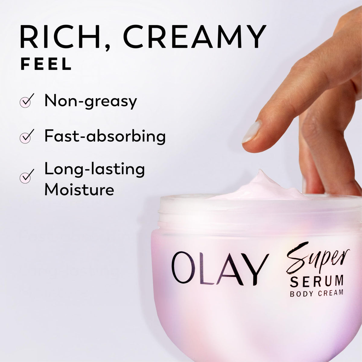 Olay Super Serum Body Cream 10 fl oz with flowers and soft wood background