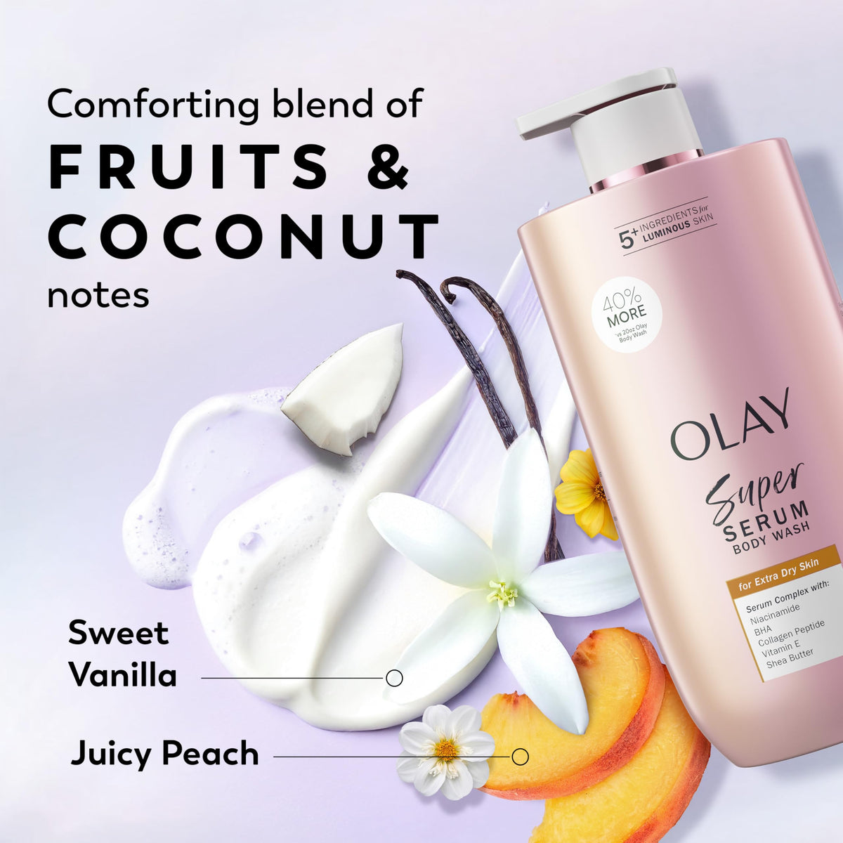 Olay Super Serum Body Wash with a soft towel and flowers