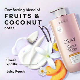 Olay Super Serum Body Wash with a soft towel and flowers