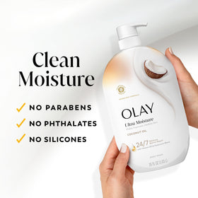 Olay Ultra Moisture Body Wash with tropical coconut background