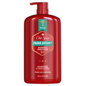 Old Spice 2-in-1 Shampoo and Conditioner Set, Pure Sport on bathroom shelf