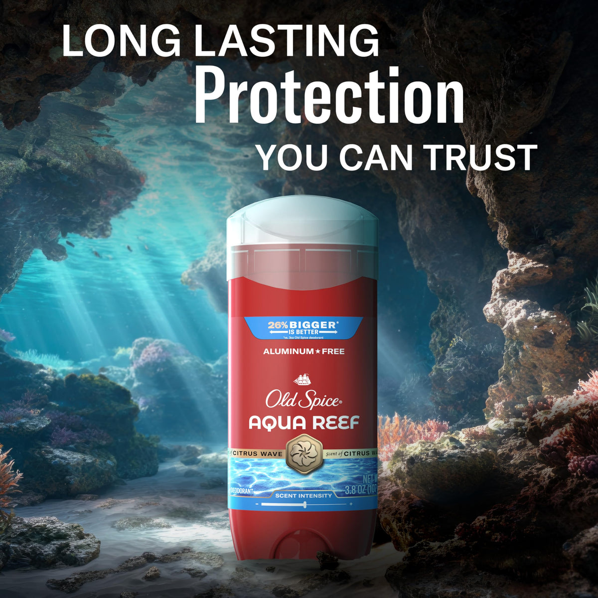 Old Spice Aqua Reef Deodorant in bathroom setting