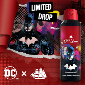 Old Spice Batman body spray with a DC Comics logo