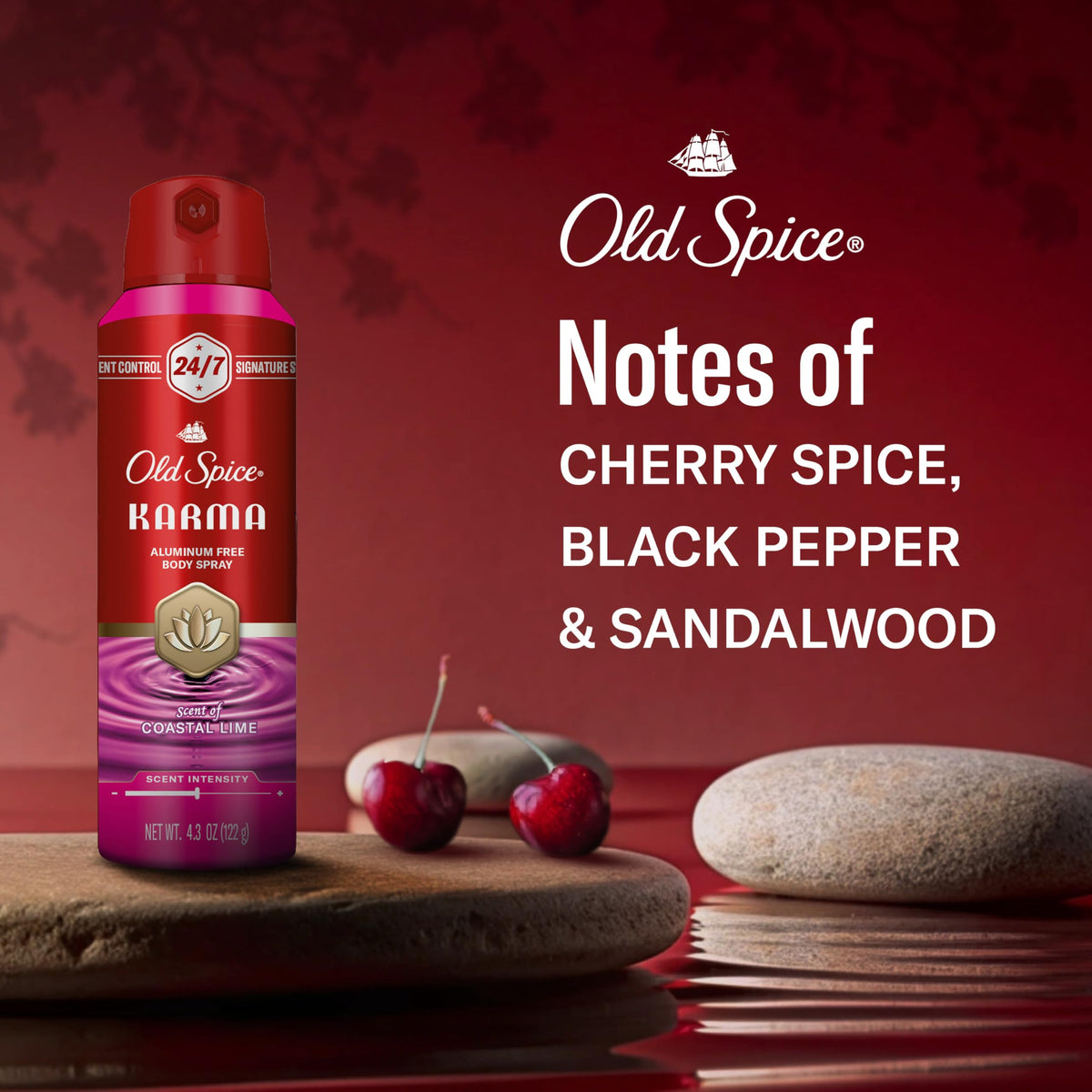Old Spice Body Spray Karma Cherry Spice 5.1 oz cap open