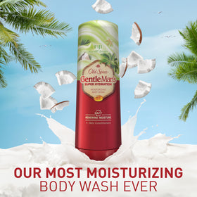 Old Spice body wash bottle with moisturizing benefits highlighted