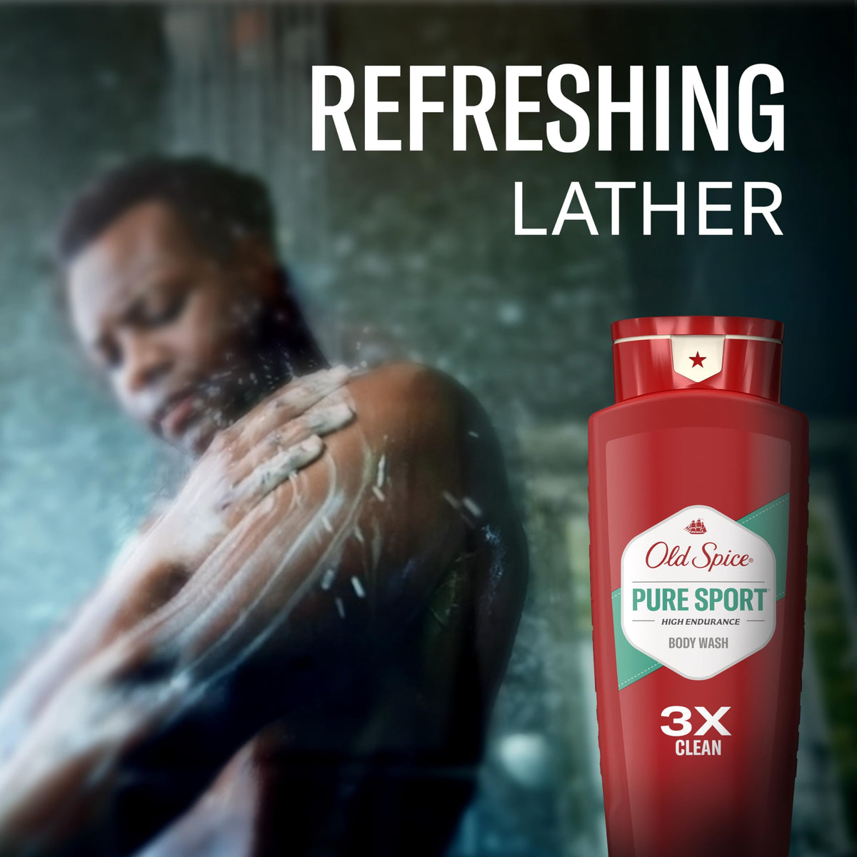 Old Spice body wash displayed on bathroom shelf
