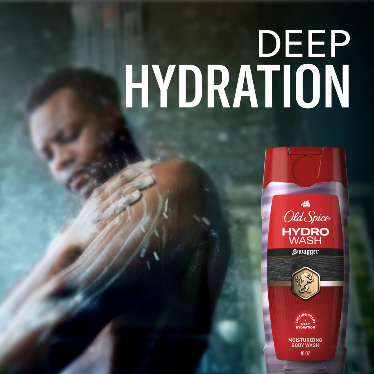 Old Spice body wash lathering on skin in shower