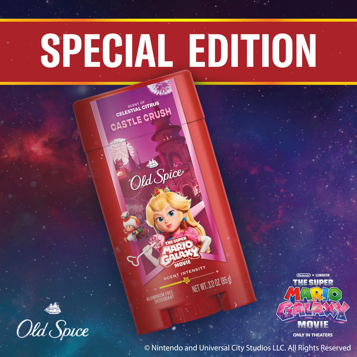 Old Spice Castle Crush Deodorant with Super Mario Galaxy Movie branding
