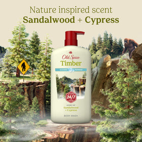 Old Spice Cleansing Body Wash bottle with shower accessories
