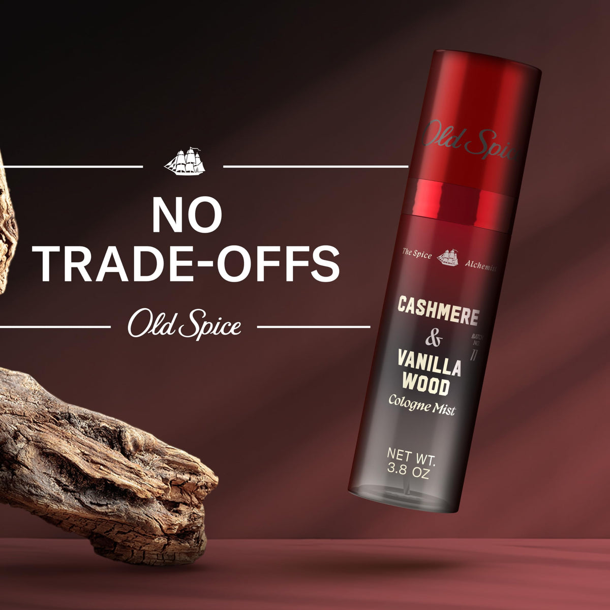 Old Spice Cologne Mist for Men, Cashmere + Vanilla Wood on a bathroom shelf