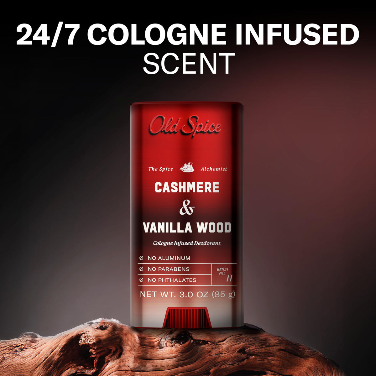 Old Spice deodorant showing cashmere and vanilla wood scent