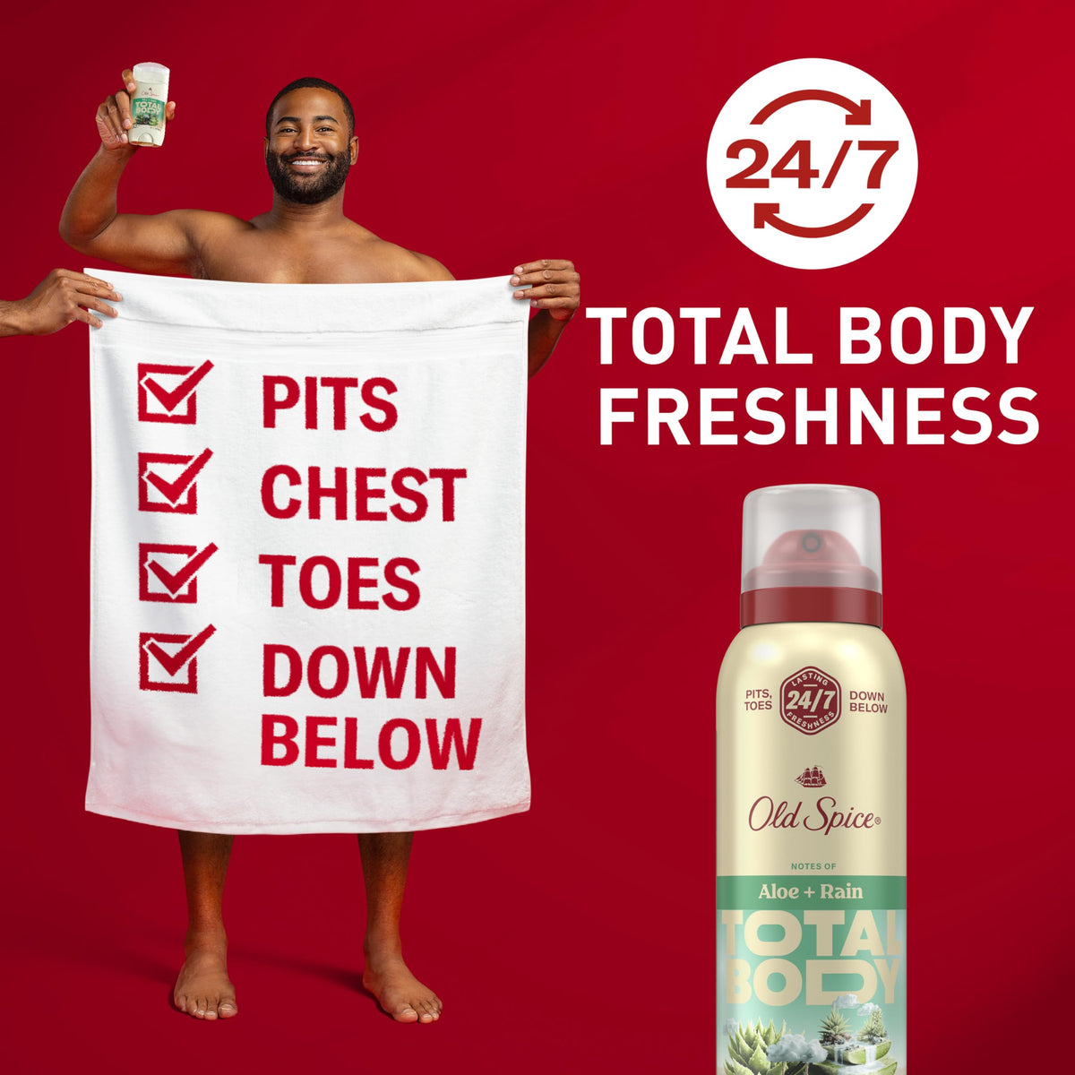 Old Spice deodorant spray can with Vanilla + Shea scent label