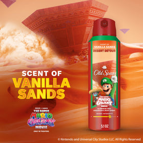 Old Spice Desert Detour Body Spray packaging on a bathroom shelf