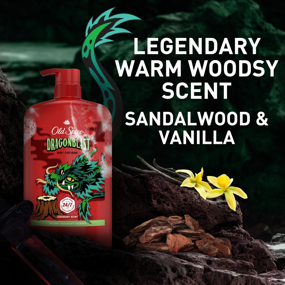 Old Spice Dragonblast Body Wash close-up of label