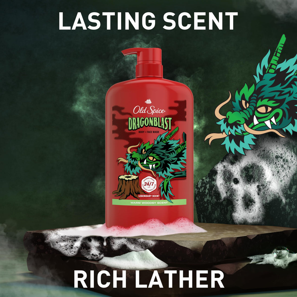 Old Spice Dragonblast Body Wash on bathroom shelf