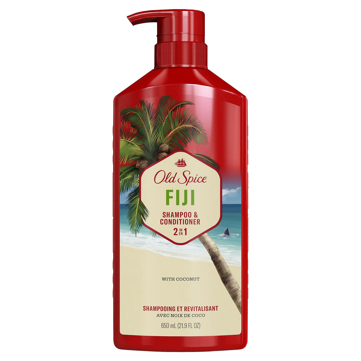 Old Spice Fiji 2-in-1 Shampoo and Conditioner on a bathroom shelf