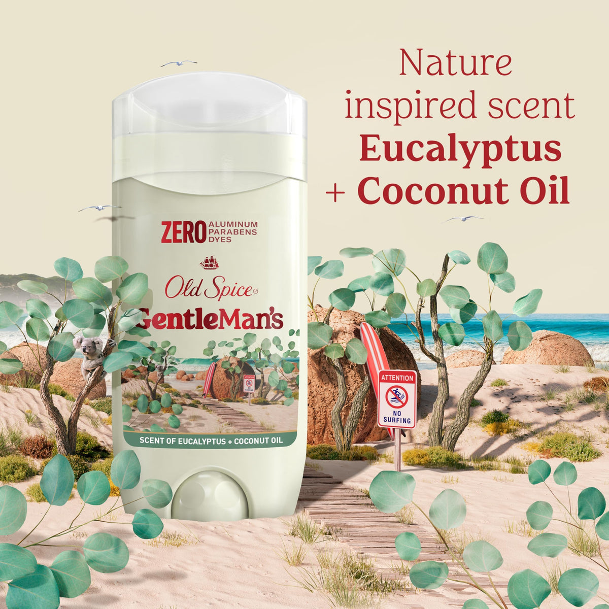 Old Spice GentleMan's Deodorant with coconut oil and eucalyptus background