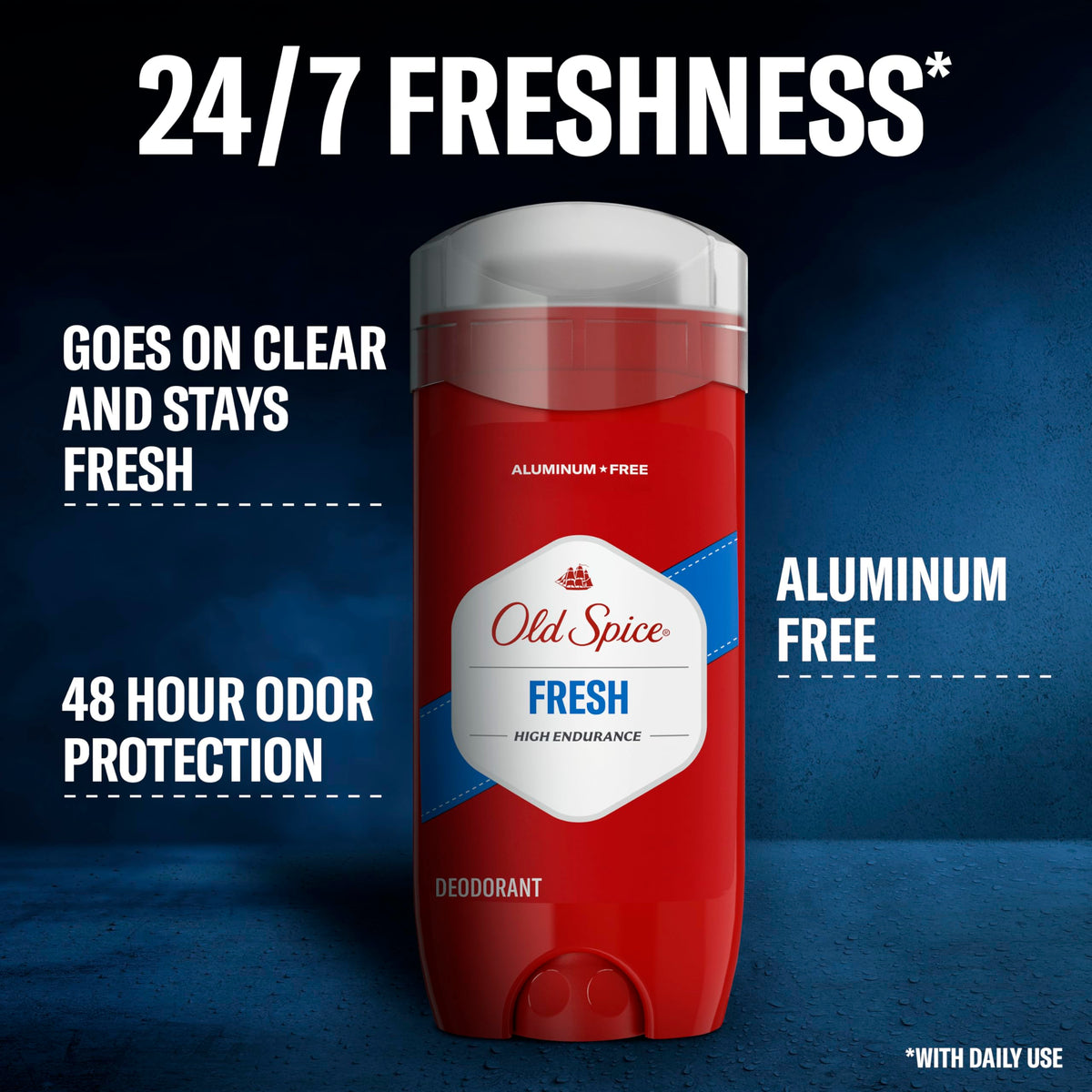 Old Spice High Endurance Deodorant side view, aluminum free
