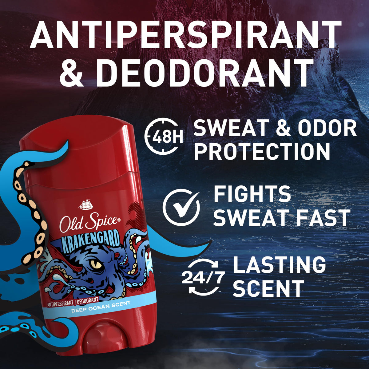 Old Spice Krakengard Antiperspirant Deodorant back view with ingredient list