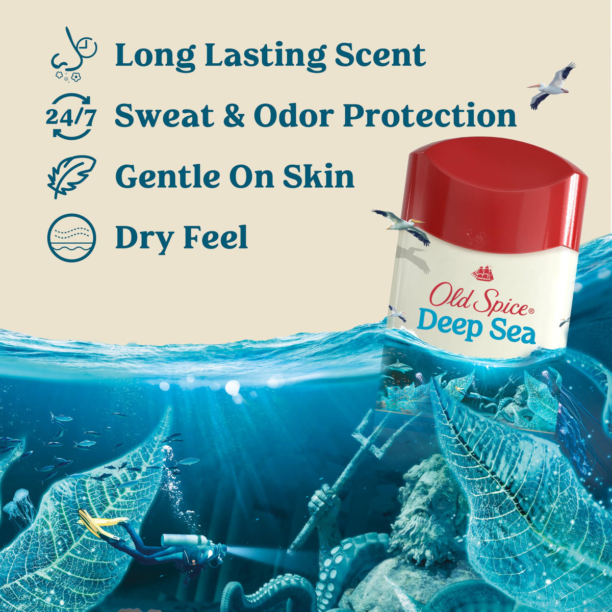 Old Spice Men's Antiperspirant showing the Deep Sea with Ocean Elements scent