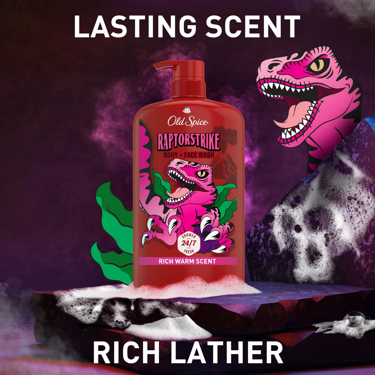 Old Spice Raptorstrike Body Wash dispensing rich lather