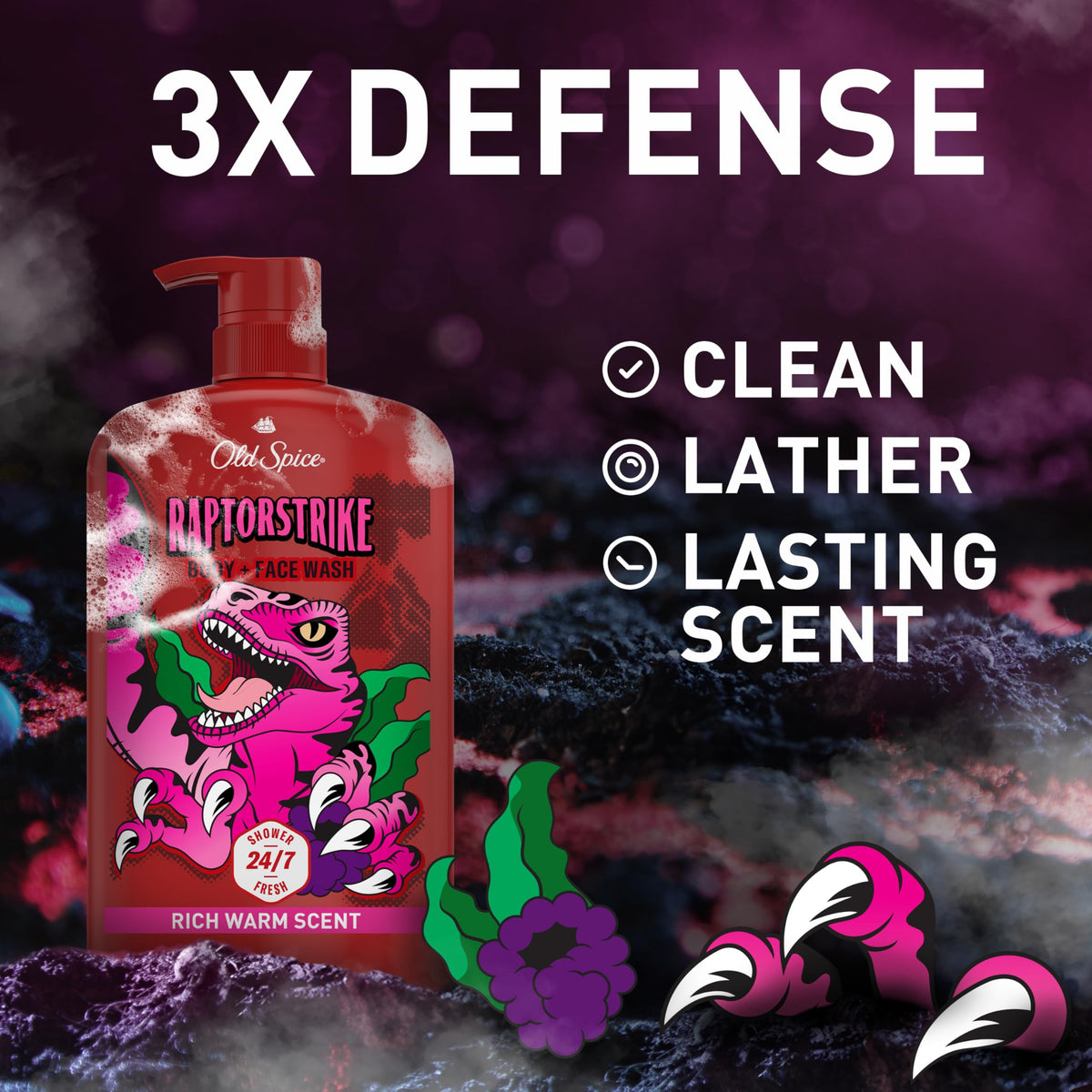 Old Spice Raptorstrike Body Wash side view with dark berry design