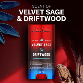 Old Spice Velvet Sage + Driftwood Deodorant on a bathroom counter