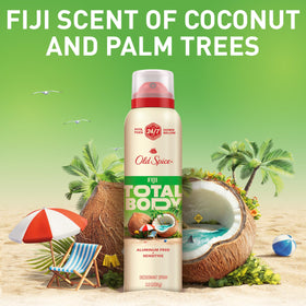 Old Spice Whole Body Deodorant Spray with palm tree and coconut background