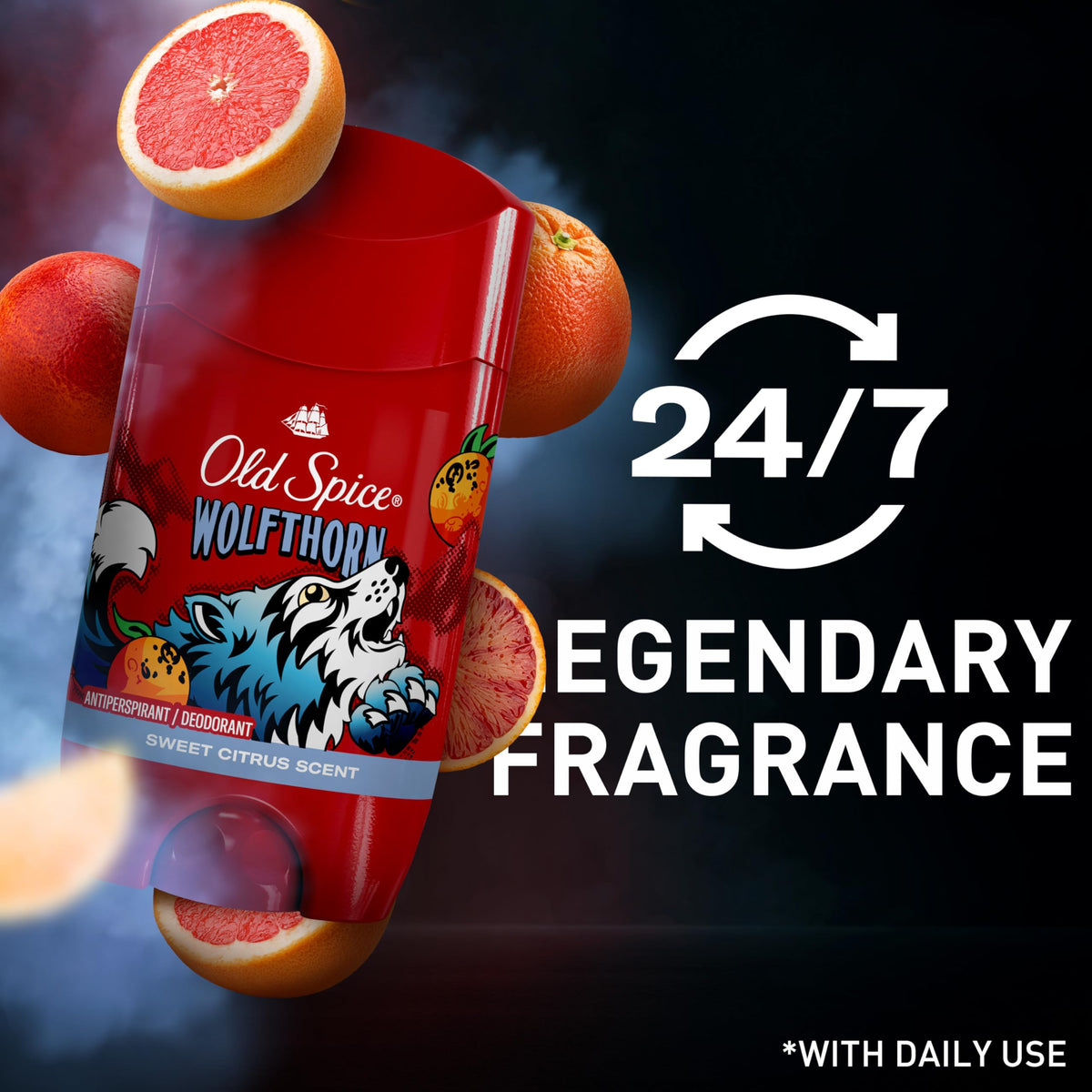 Old Spice Wolfthorn Antiperspirant in a bathroom setting