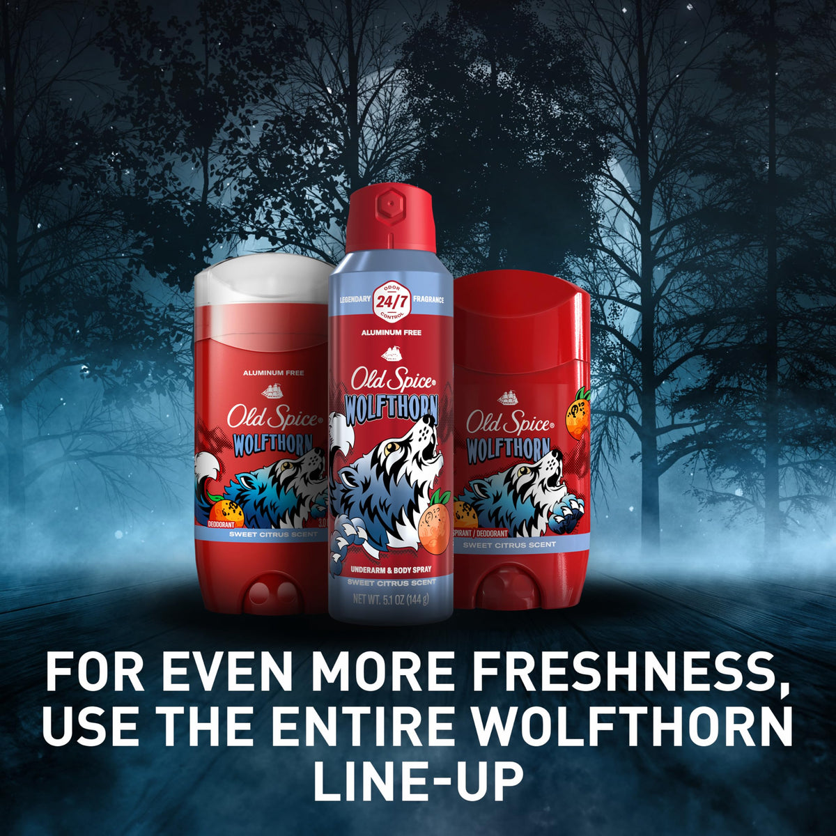 Old Spice Wolfthorn Body Spray 5.1 oz on a bathroom shelf