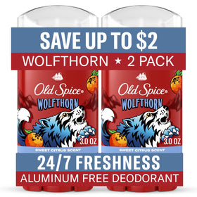 Old Spice Wolfthorn Deodorant front view with sweet citrus scent