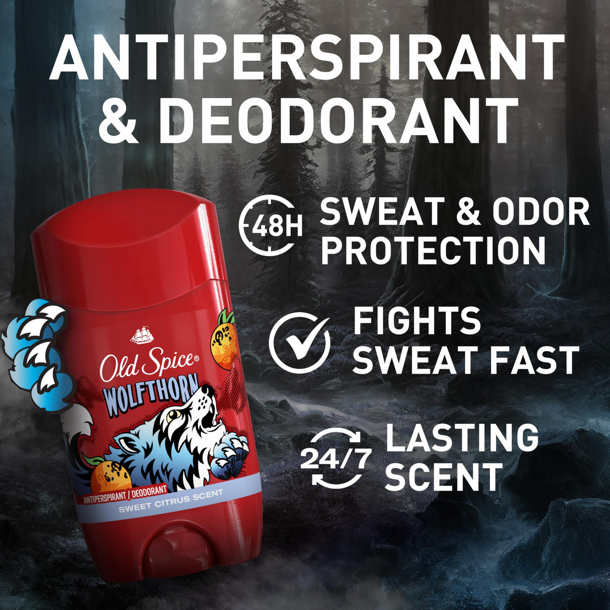 Old Spice Wolfthorn Deodorant packaging with citrus scent description