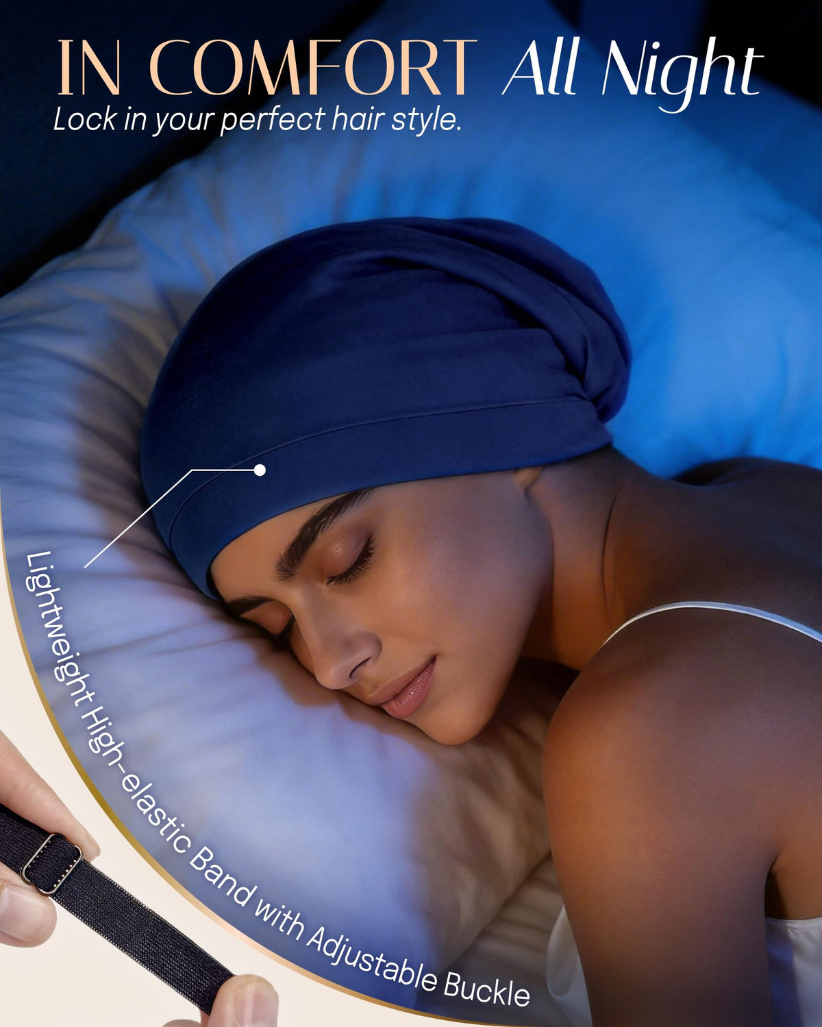 OLESILK 100% Mulberry Silk Bonnet worn by a woman sleeping