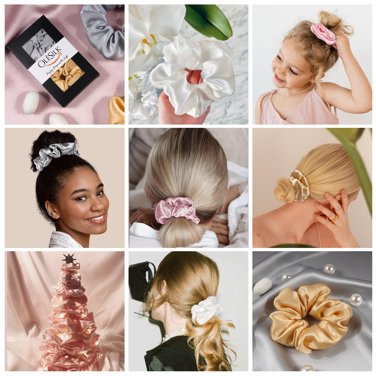 OLESILK silk scrunchies in various colours on a flat surface