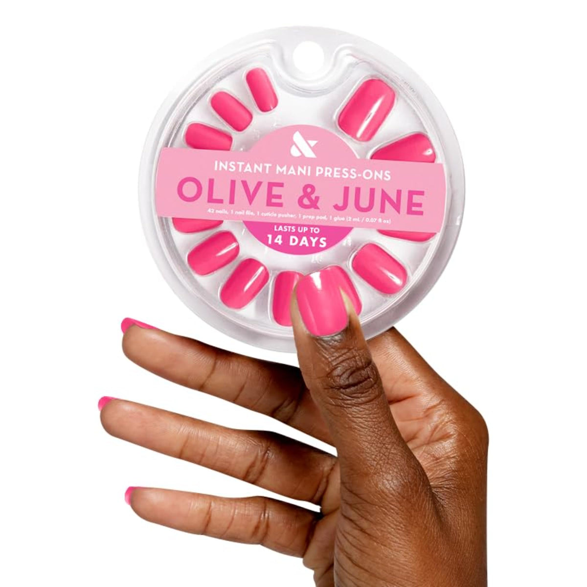 Olive & June Instant Mani Press-On Nails Hot Strawberry front view with 42 nails