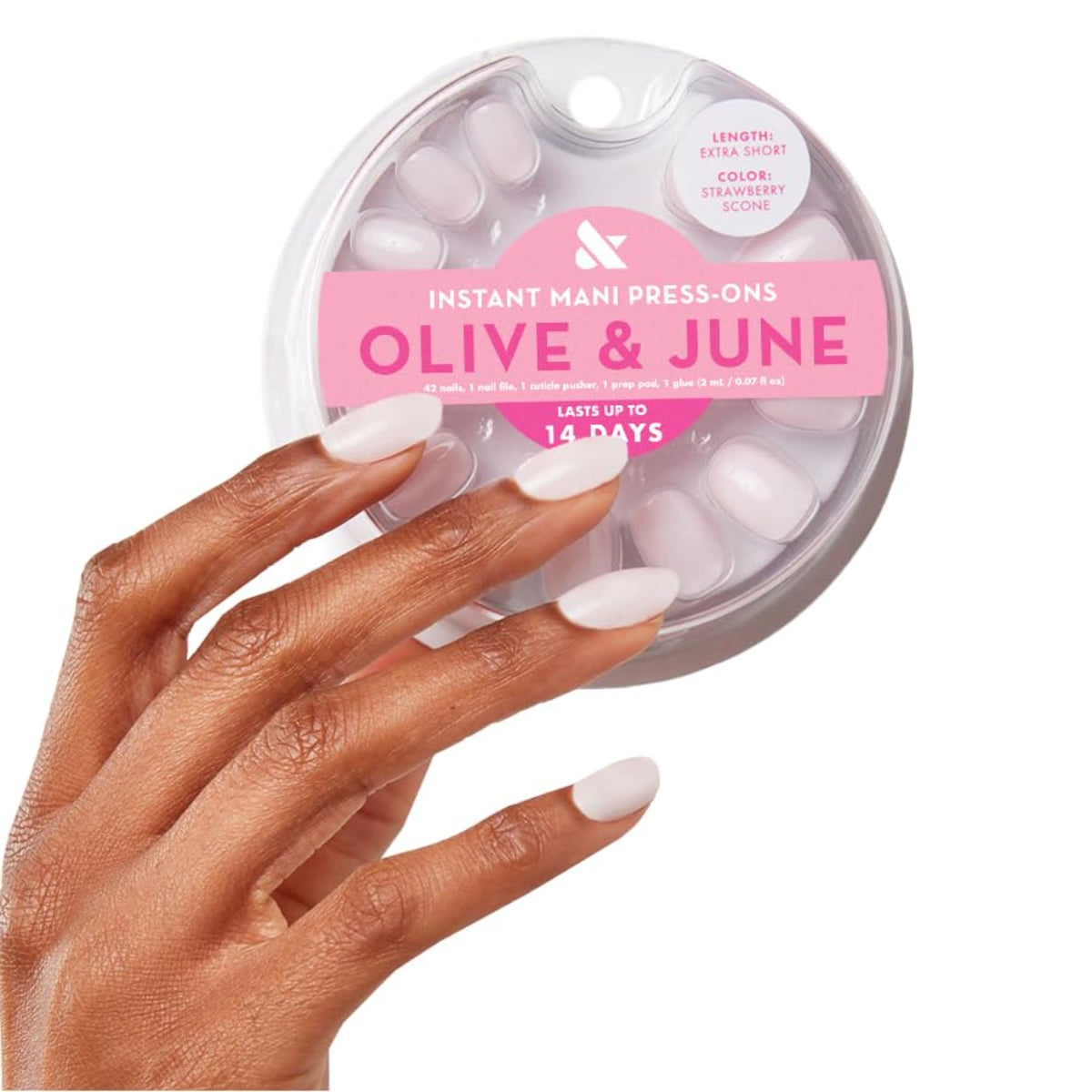 Olive & June Instant Mani Press-On Nails in Strawberry Scone, front view with packaging