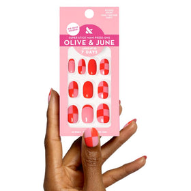 Olive & June Super Stick Press-On Nails Pink Checker Party front view