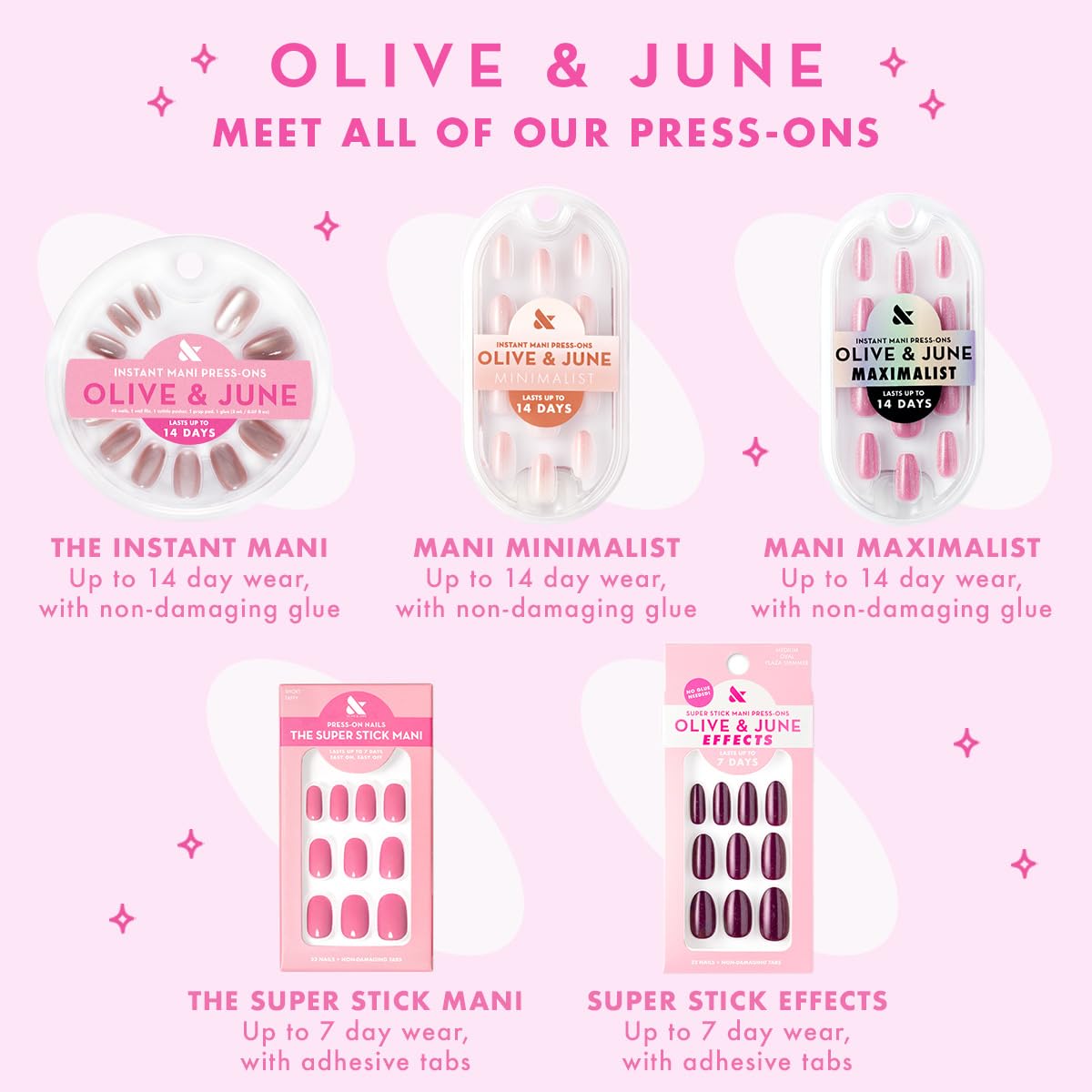 Olive & June Super Stick Press-On Nails Pink Checker Party with nail file and prep pad