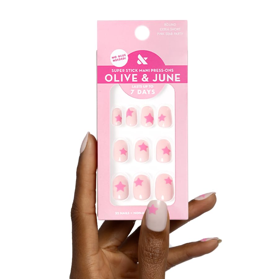 Olive & June Super Stick Press-On Nails Pink Star Party front view