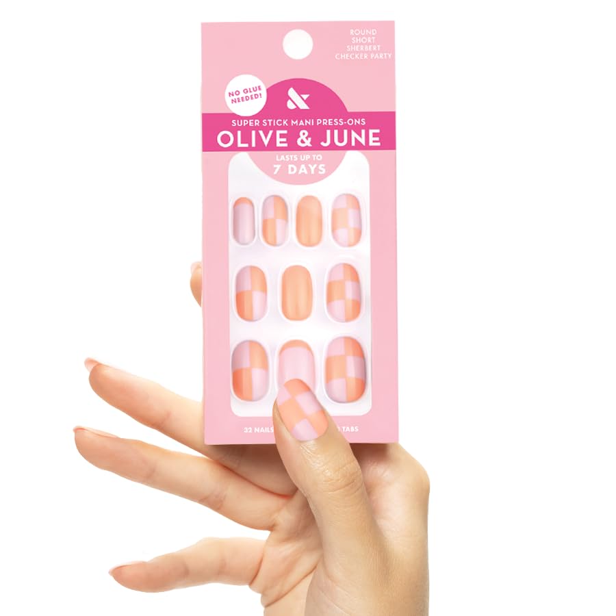 Olive & June Super Stick Press-On Nails Sherbert Checker Party front view