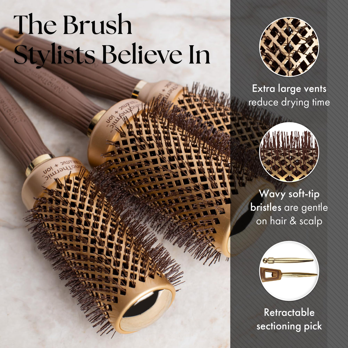 Olivia Garden round brush with sectioning pick displayed