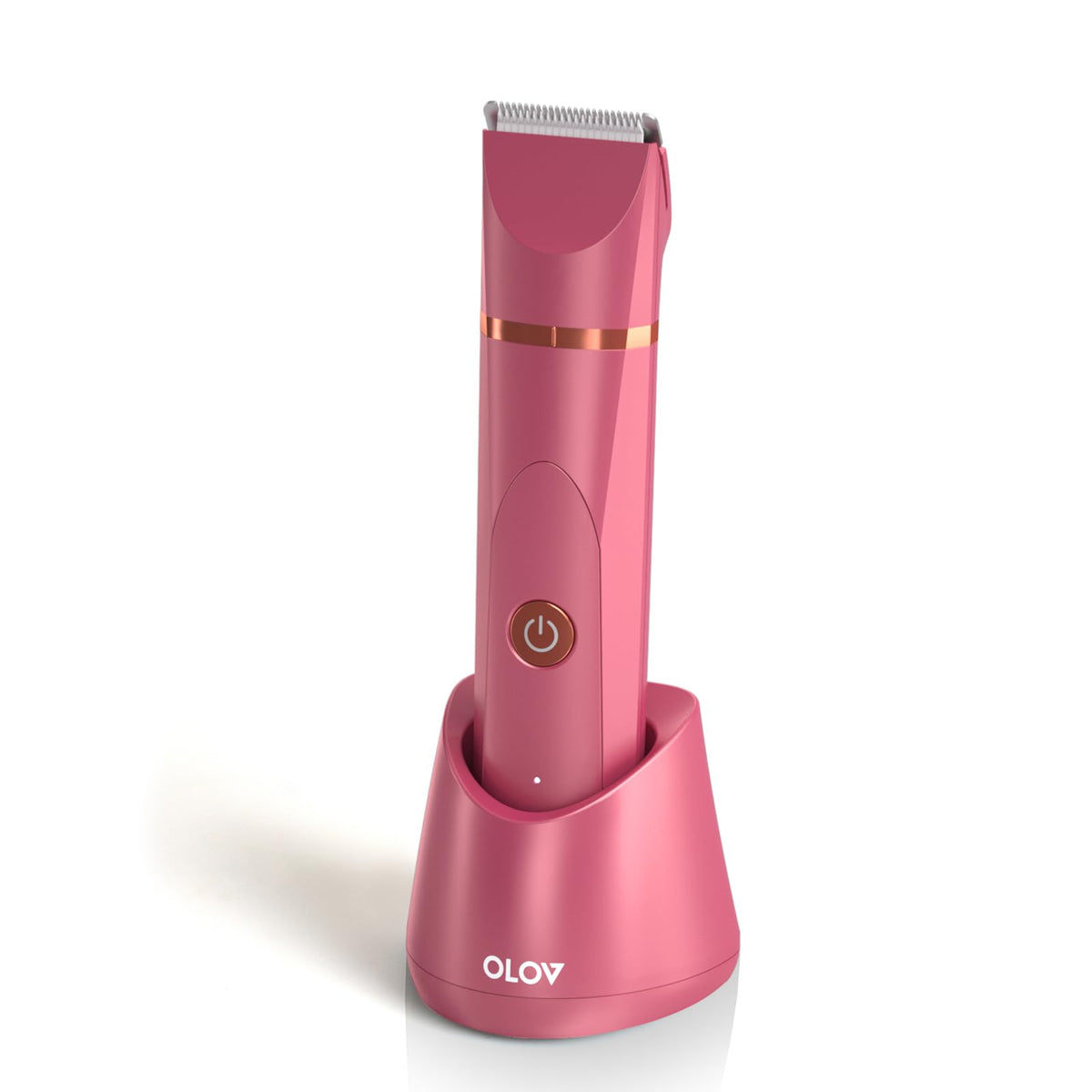 OLOV Electric Body Hair Trimmer front view with USB recharge dock
