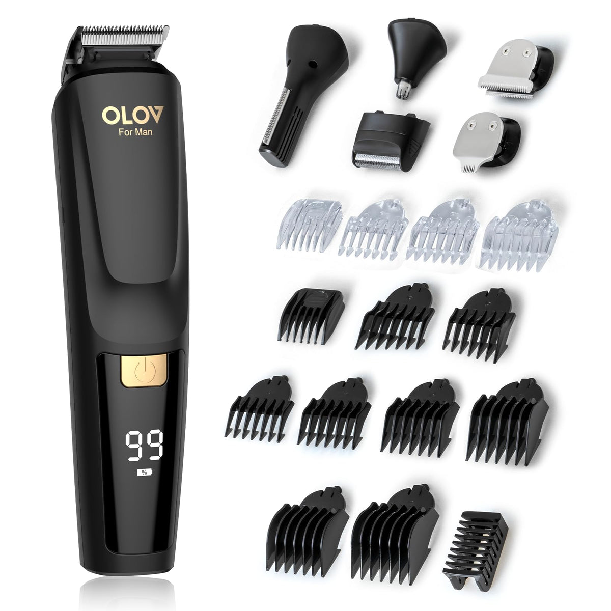 OLOV For Man Beard Trimmer grooming kit front view with multiple attachments