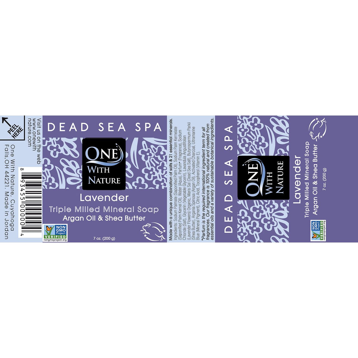 One With Nature Dead Sea Salt Lavender Soap in a bathroom setting