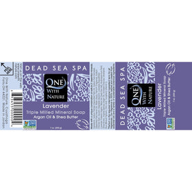 One With Nature Dead Sea Salt Lavender Soap in a bathroom setting