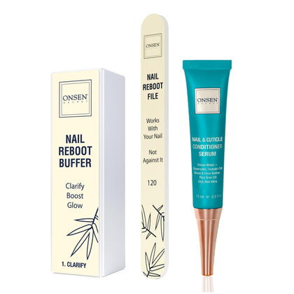 ONSEN Nail Care Kit including nail file, buffer block, and cuticle serum