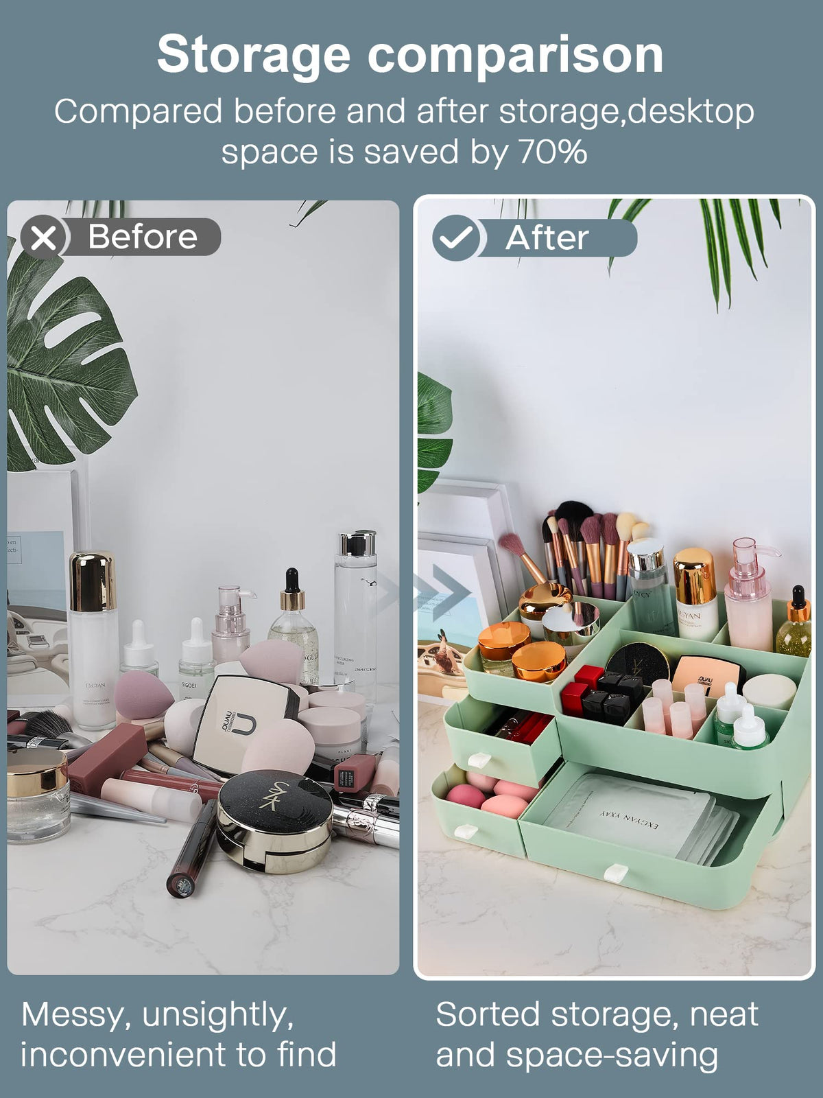 ONXE Makeup Organizer with drawers open displaying cosmetics