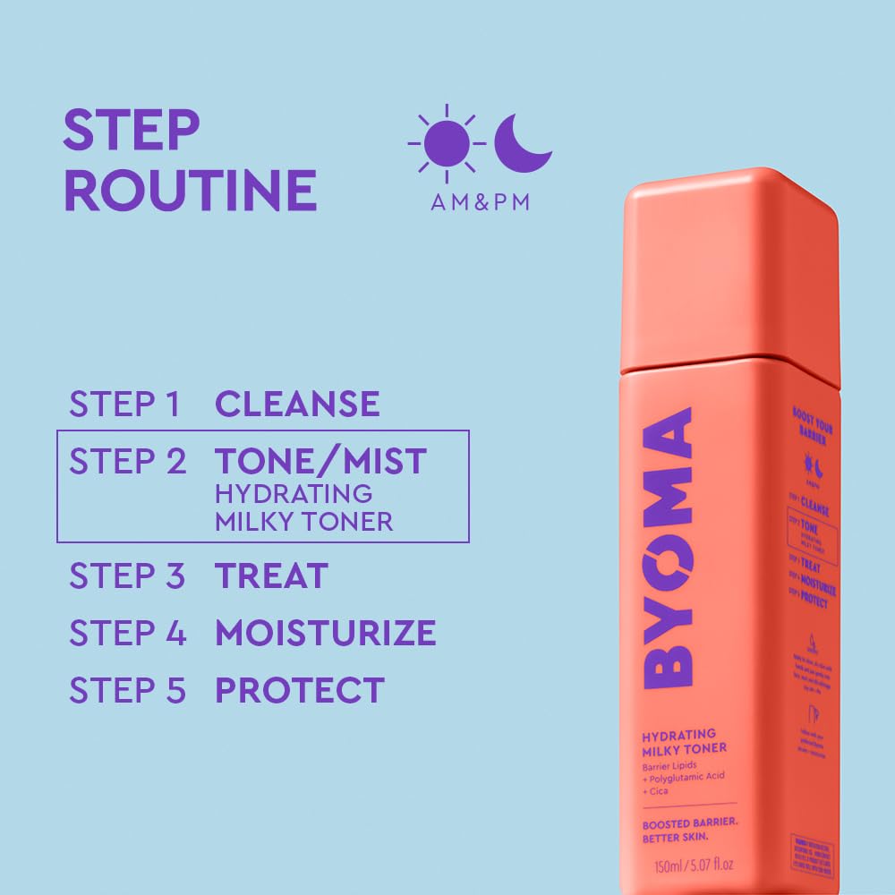 Open BYOMA Hydrating Milky Toner bottle showing liquid