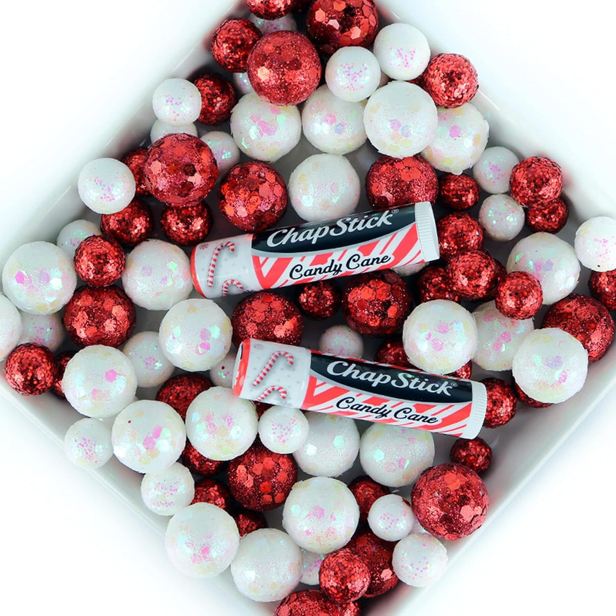 Open ChapStick Candy Cane Lip Balm tube showing balm texture