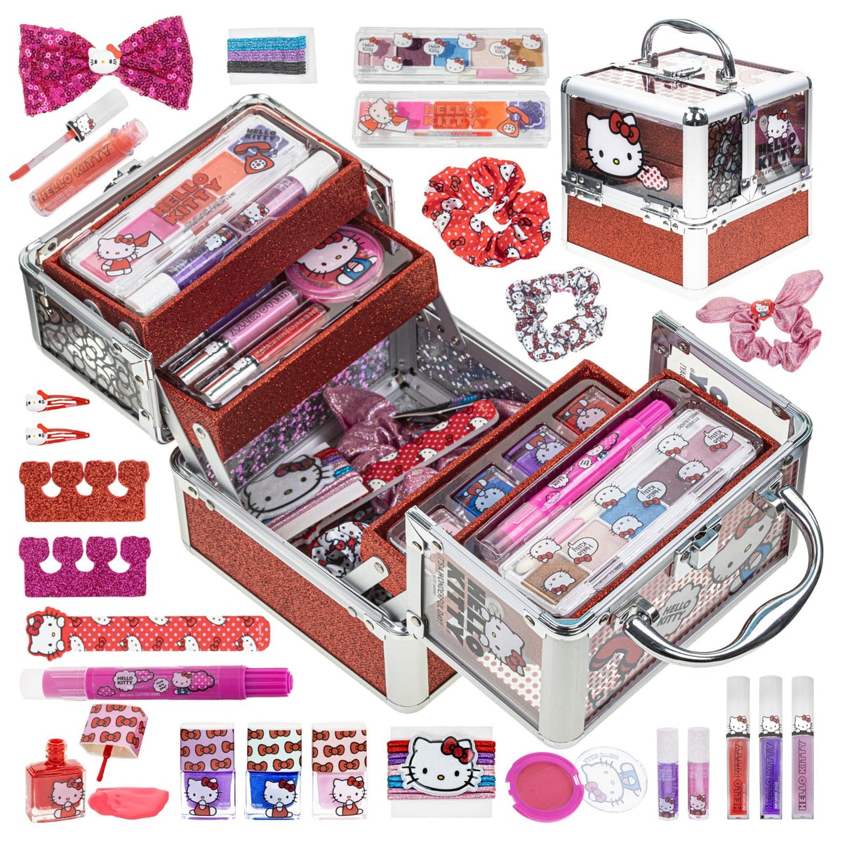Open Hello Kitty Makeup Train Case showing colourful eyeshadow and lip glosses